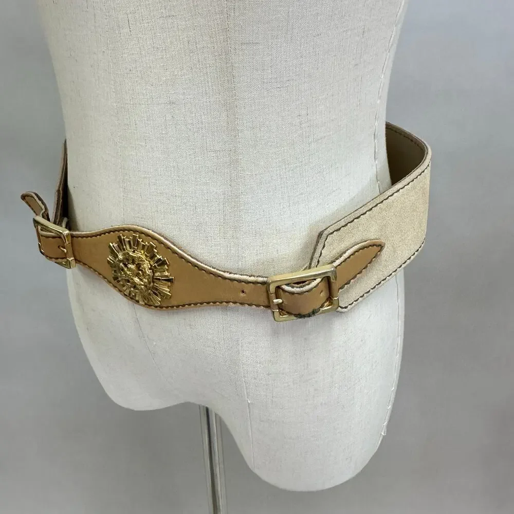 Vintage Suede Leather Waist Belt w/ Gold‎ Lion Medallion Statement Size Large